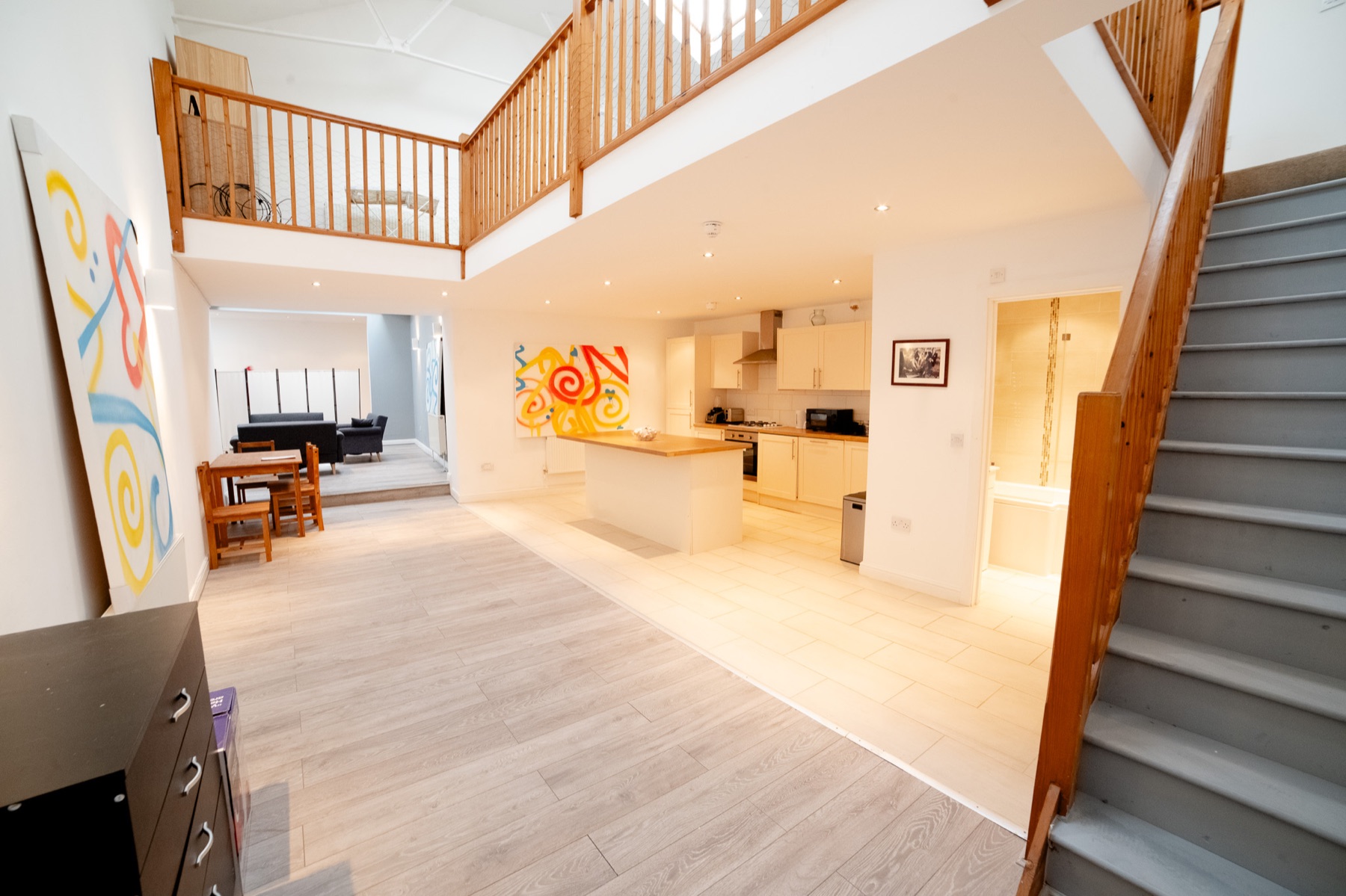 The split-level London space, with an open plan and mezzanine